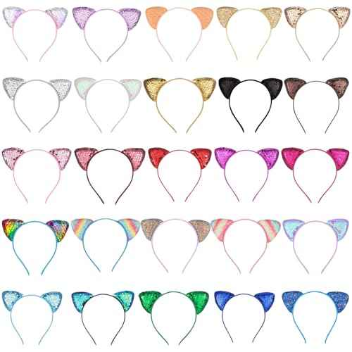 25 Pcs Cat Ears Headband Sequin Cat Ear Hairbands Bulk,Glitter Cat Ear Headband Adult Shiny Kitty Hair Hoops Cute Ear Hair Accessories for Birthday Decor, 25 Colors