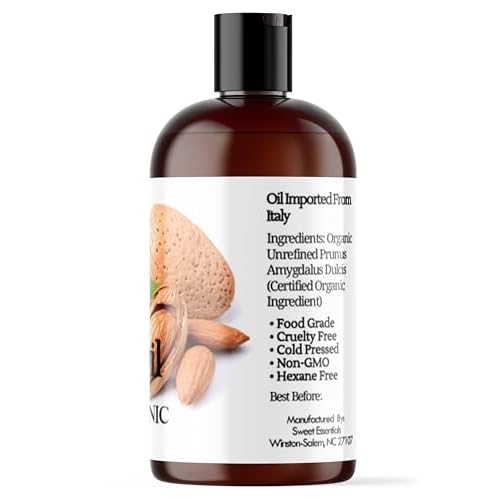Organic Unrefined Sweet Almond Oil | 4oz Imported From Italy | 100% Pure | Cold Pressed | Hexane Free | Natural Moisturizer |Great For Hair, Skin & Nails | Carrier Oil | Great To Dilute Essential Oils