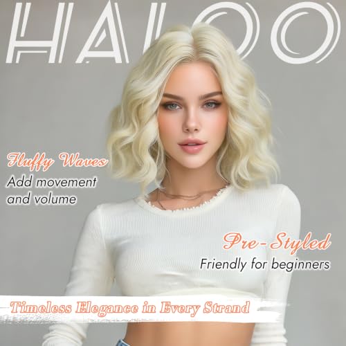 Haloo Blonde Bob Wig for Women - Lace Front Short Wavy Curly 11 Inch Platinum