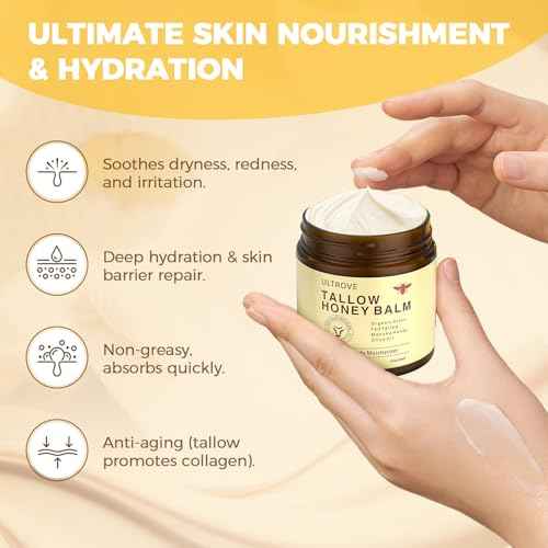 Beef Tallow and Honey Balm for Skin, Natural Face + Body Moisturizer with Organic Grass-Fed Beef Tallow & Raw Wild Honey for Dry & Sensitive Skin, 4.23oz