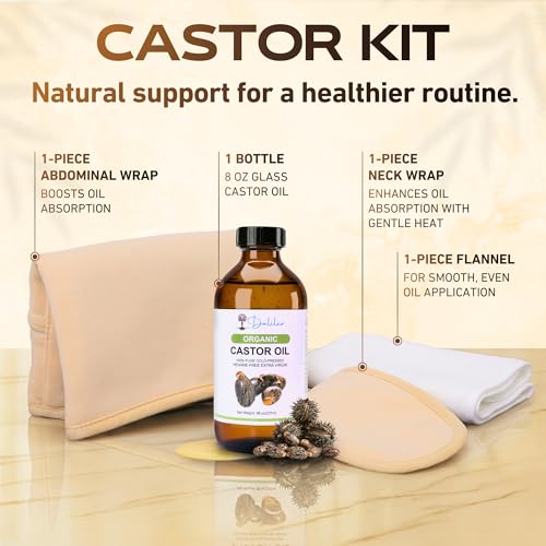 Organic Castor Oil Pack Wrap Kit – 8oz Cold Pressed with Cotton Wraps