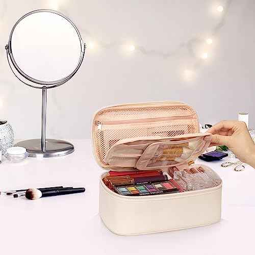 OCHEAL Small Makeup Bag,Portable Cute Makeup Pouch Travel Bag for Women and Girls with Makeup Brush Compartment Organizer cosmetics Bags-Beige