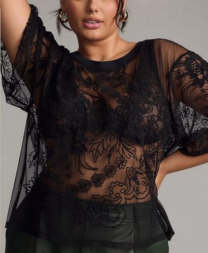 Sexy Lace Mesh Blouse with Embroidered Short Sleeves