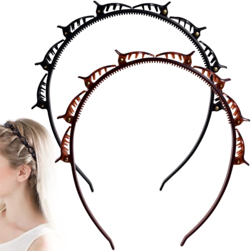 Lekgavd 2-Pack Double Layer Hairpin Braided Headbands with Clips for Women