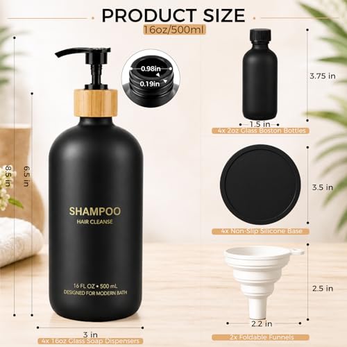 Black Glass Shampoo and Conditioner Dispenser Set - 4 Pack with Travel Bottles