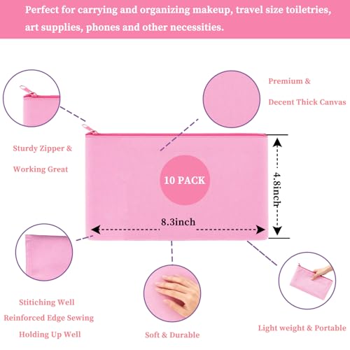 10 Pack Pink Canvas Makeup Cosmetic Bags Pouch with Zipper Bulk Sublimation Embroidery Blanks with Colorful Tassels for DIY Crafts Small Travel Toiletry Multi-Purpose Storage Bag