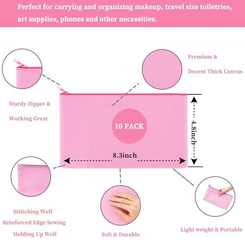 10 Pack Pink Canvas Makeup Cosmetic Bags Pouch with Zipper Bulk Sublimation Embroidery Blanks with Colorful Tassels for DIY Crafts Small Travel Toiletry Multi-Purpose Storage Bag