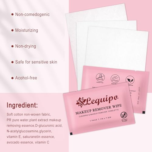 SLequipo 50 pcs Individually Wrapped Makeup Remover Wipes Bulk Single Makeup Remover Cloth Travel Towelette Makeup Remover Cloth for Face (PINK)