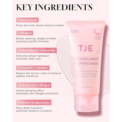 TJE Collagen Night Wrapping Mask, Peel Off Facial Mask With Applicator Collagen Masks Elasticity & Hydration Care Reduces Sagging & Dullness Korean Skincare- 2.53 fl oz