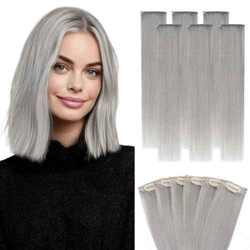 Hairro 6PCS 6 Clips In Short Hair Extensions Remy Real Human Hair Clip Ins Mini Clip On Hairpin Hairpieces For Women 33g 12 Inch #Silver Grey