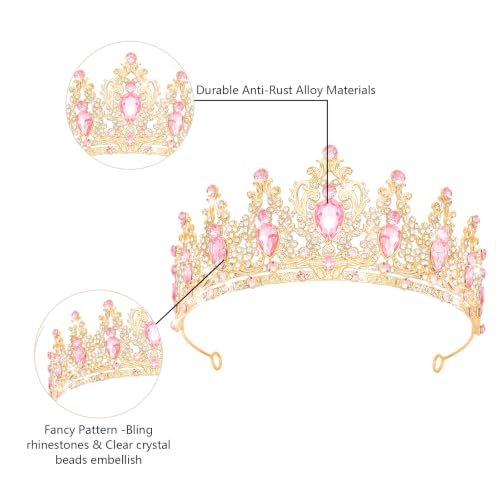 YOUlDIANZI Queen Crown Rhinestone Tiara for Women Wedding Party Costume - Gold & Pink-A