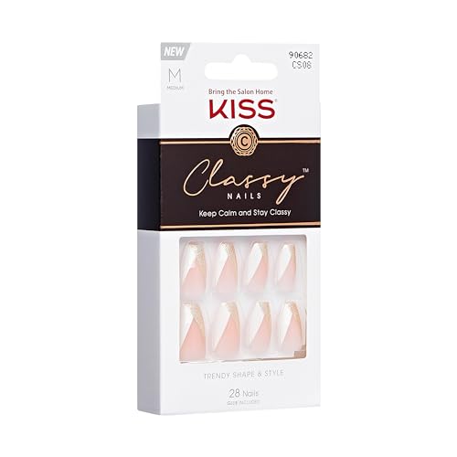 KISS Classy Nails, Press-On Nails, Nail glue included, 'The BOSS', Silver, Medium Size, Coffin Shape, Includes 28 Nails, 2g Glue, 1 Manicure Stick, 1 Mini file