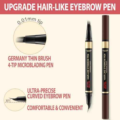 LAVONE Eyebrow Pen, 2-in-1 Eyebrow Pencils for Women with 4 Tip Microblading Eyebrow Pencil and Curved Precise Brow Pencil, Waterproof Eyebrow Pencil Create Full, Natural Hair-Like Brows, Dark Brown
