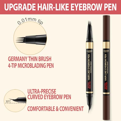 LAVONE 2-in-1 Eyebrow Pen with 4-Tip Microblading & Curved Brow Pencil
