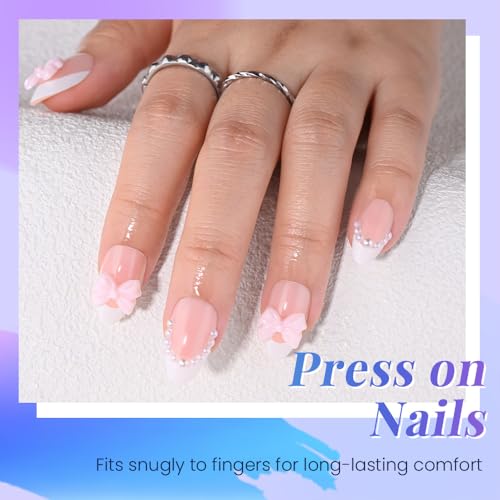 XZMeiLun 506-Short Almond French Tip Press On Nails with 3D Pearls & Pink Bow, 30 Pcs, 15 Sizes (Glue Not Included) - Reusable