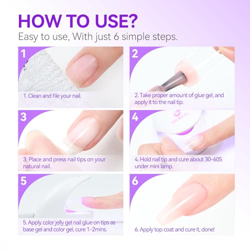 Professional Gel Nail Glue UV - 6 in 1 Gel Glue for Nail Tips with Green Jelly Gel Polish,Base Coat Free,Gelike EC Strong Adhesive for Press on Nail,Ideal for Salon and Home DIY