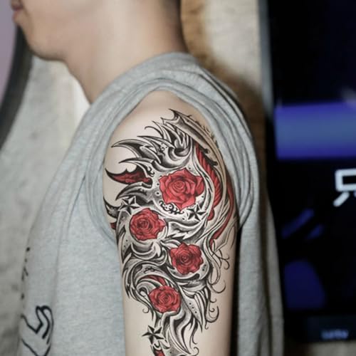 8 Sheets Waterproof Arm Body Art Temporary Tattoo Stickers Red Rose Flower Black Skull Dragon Sword Totem