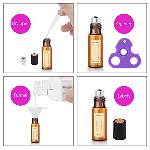 Easytle Essential Oil Roller Bottles 5ml, 24 Pack Amber Glass