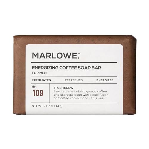 MARLOWE. No. 109 Coffee Bar Soap 7 oz, Body Scrub Soap for Men, Refreshing, Energizing & Exfoliating Soap with Natural Extracts, Caffeine, Coffee Beans & Cocoa Butter, Fresh Brewed Coffee Scent