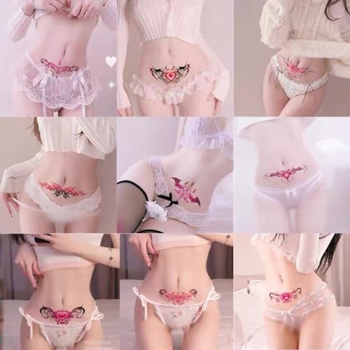 Sexy Navel Temporary Tattoos 20 Sheets Large Black Red Lace Abdomen Waist Waterproof Tattoo Stickers for Women Girl Fake Body Tattoos (Waist and abdomen)