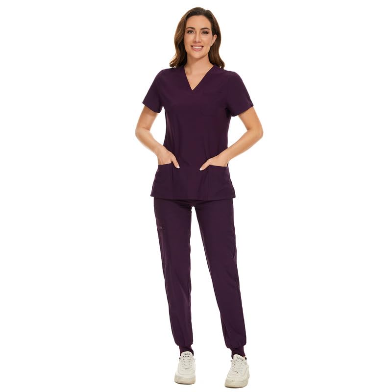 COZYFIT Scrubs for Women Set - Stretch V-Neck Scrub Top & Jogger Pant with 8 Pockets, Yoga Waistband, Anti Wrinkle, Slim Fit Women Scrubs