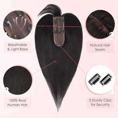 Hairro Human Hair Topper with Wispy Bangs, Clips on 360¡Æ 3D Cover Real Hairpieces Lightweight, 2.25"x6" Base for Women with High Hairline/Thinning Hair, 14 Inch Natural Black Bangs