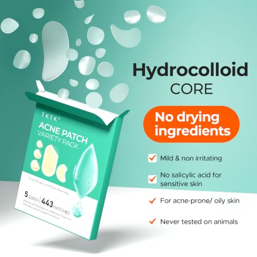 TKTK 443 Hydrocolloid Acne Patches, 5 Sizes Pimple Stickers
