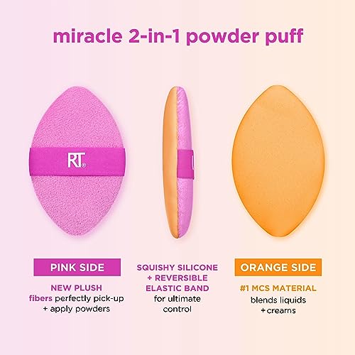 Real Techniques Miracle 2-In-1 Powder Puff 2 Pack, Dual-Sided, Full Size Makeup Blending Puff, Reversible Elastic Band, Makeup Sponge & Powder Puff, For Liquid, Cream & Powder Products, Crulety-Free