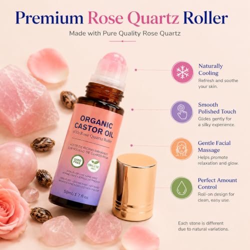 Organic Castor Oil Roll-On with Rose Quartz Roller, 1.7 fl oz