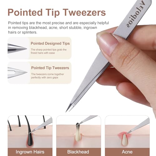 Velodios Premium Eyebrow Tweezers Set - Stainless Steel Precision Grooming Tools with Travel Case