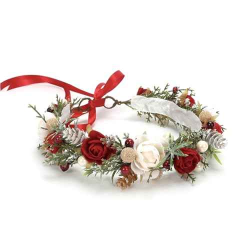 Christmas Flower Crown for Girls Winter Floral Crown Holiday Decoration Headband Xmas Wedding Headpiece Burgundy Berry Wreath Red Green Golden Gifts for Grandkids Holly Berry Garland