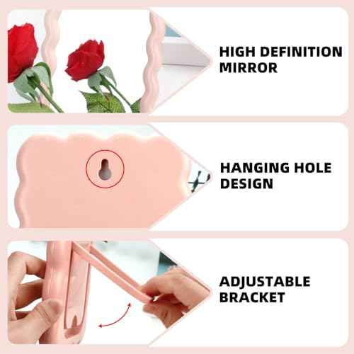 Wave Shaped Table Desk Vanity Makeup Mirror Portable Folding Cute Travel Make Up Mirror for Standing Hanging 6.7X5.3 Inch Home Decoration (Pink)
