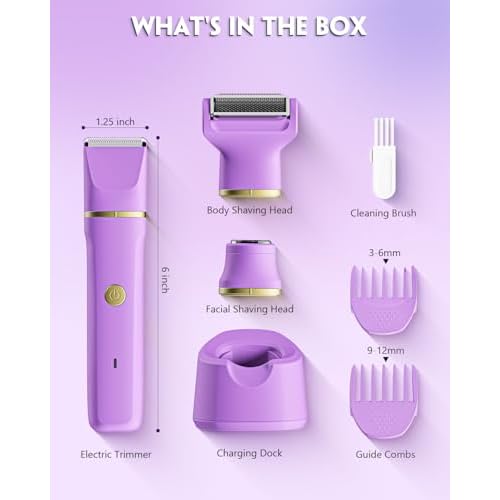 Bikini Trimmer for Women, Tiovara Painless Electric Razors Shaver IPX7 Waterproof Cordless Body Hair Trimmer Pubic Hair Removal with USB Charge Dock for Underarm Leg Arm Body Face Silk Skin (Medium)
