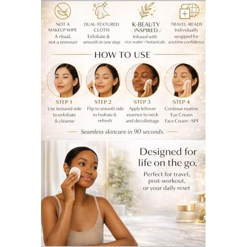 SEON Reset & Jet Korean Skincare Facial Wipes. Rice Water Infused Cleansing Cloths, Individually Wrapped, Travel Friendly (50 Count, Premium Magnetic Box.