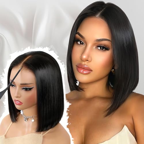Bob Wig Human Hair 14 Inch Glueless Wigs Human Hair Pre Plucked Pre Cut 6¡¿4 HD Lace Front Wigs for Women 180% Density Short Straight Wig Ready to Wear