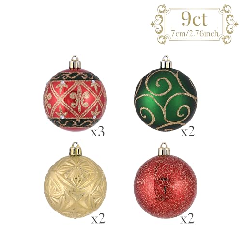 Valery Madelyn Christmas Tree Decorations Set, 9ct Red Green and Gold Shatterproof Christmas Ball Ornaments Bulk, 2.76 Inches Traditional Country Hanging Ornaments for Christmas Trees Xmas Decor