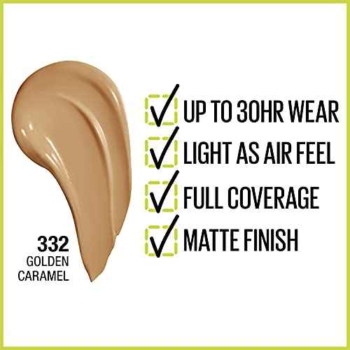 Maybelline Super Stay Full Coverage Liquid Foundation Active Wear Makeup, Up to 30Hr Wear, Transfer, Sweat & Water Resistant, Matte Finish, Golden Caramel, 1 Count