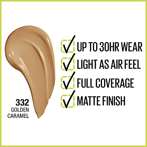 Maybelline Super Stay Full Coverage Liquid Foundation Active Wear Makeup, Up to 30Hr Wear, Transfer, Sweat & Water Resistant, Matte Finish, Golden Caramel, 1 Count