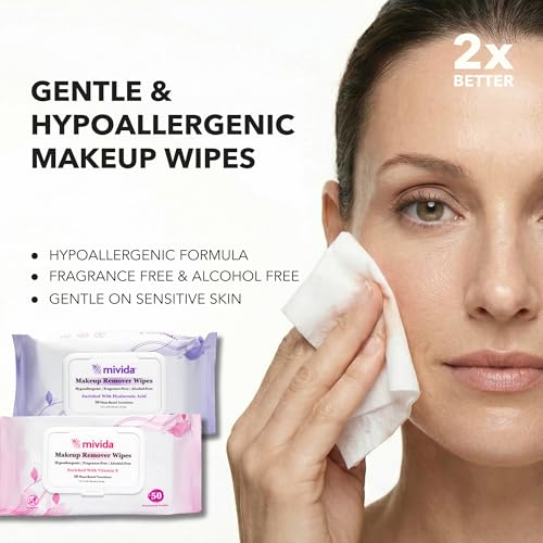 mivida Hypoallergenic Makeup Remover Wipes Bulk Variety Box, 4 Packs Vitamin E + 4 Packs Hyaluronic Acid, Plant-Based, Alcohol & Fragrance Free Makeup Wipes Remover (8 Packs x 50 Wipes), Total 400ct