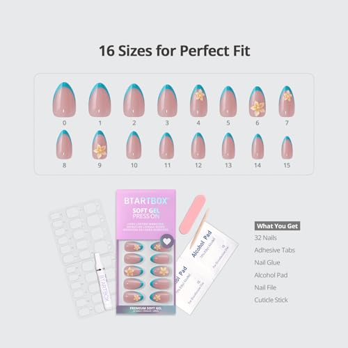 BTArtbox Blue Mojito Press On Nails - Short Almond 32Ct Kit