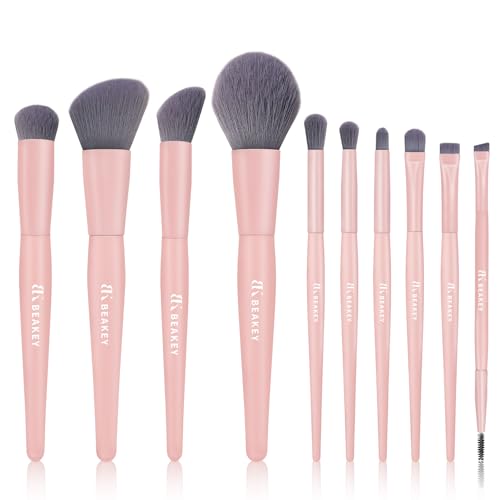 BEAKEY Pink Makeup Brushes Set?10 Pcs Taklon Bristles for Foundation Powder Blush Contour Eyeshadow & Concealer with Durable Birch Handles