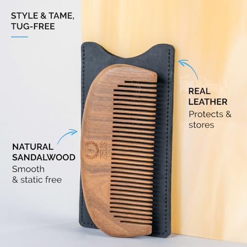 ZEUS Sandalwood Beard Comb for Men, Natural Wooden Comb with Leather Sheath, Travel-Friendly & Anti-Static Grooming Tool (S31)