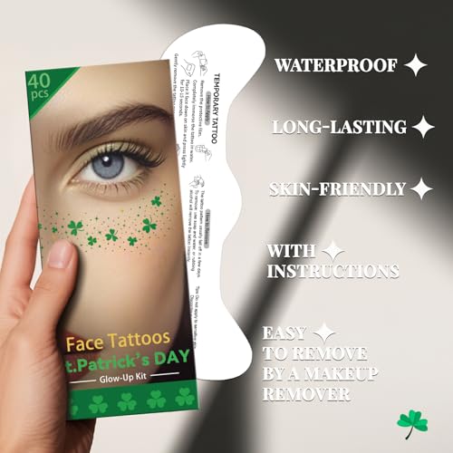 St Patricks Day Temporary Tattoos, 40 Pcs Glitter Shamrock Face Stickers