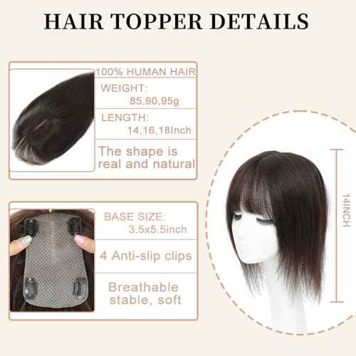 Hair Toppers for Women Real Human Hair,360¡Æ3D Big Basement Cover Topper for Women with Thinning Crown with Wispy Clip in Bangs Realistic Scalp (Dark brown, 3D Wispy Bangs 14INCH)