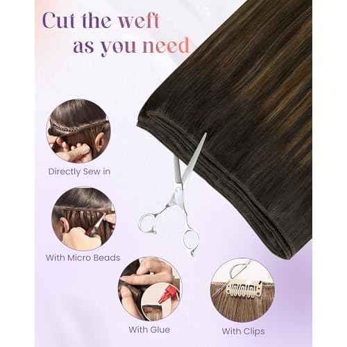 LaaVoo Weft Hair Extensions Human Hair Brown Weft Extensions Real Human Hair Silky Straight Sew in Hiar Extensions Dark Brown Mix Light Brown Balayage Short 14 Inch 80g