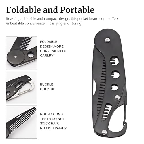 Stainless Steel Folding Beard Comb, Portable Mustache Comb, Beard Grooming Kit - Black