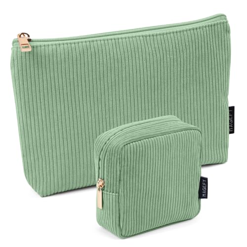 MAGEFY Small Corduroy Makeup Bag, 2 Pcs Green Pouch with Inner Pocket - Travel Purse Organizer