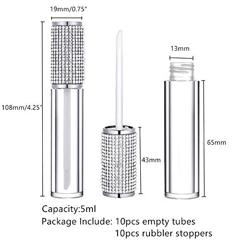 10 Pack Crystal Rhinestone Lip Gloss Wand Tubes, 5ml Empty Lip Gloss Containers, Lipgloss Lip Balm Bottles with Rubber Stoppers for DIY Lip Glaze Balm Cosmetic Business (Silver Diamond)