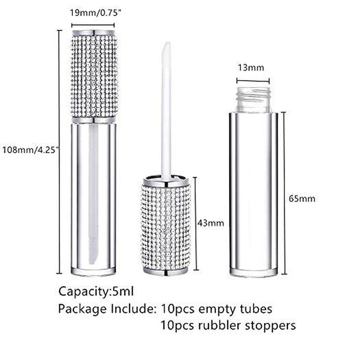 10 Pack Crystal Rhinestone Lip Gloss Wand Tubes, 5ml Empty Lip Gloss Containers, Lipgloss Lip Balm Bottles with Rubber Stoppers for DIY Lip Glaze Balm Cosmetic Business (Silver Diamond)