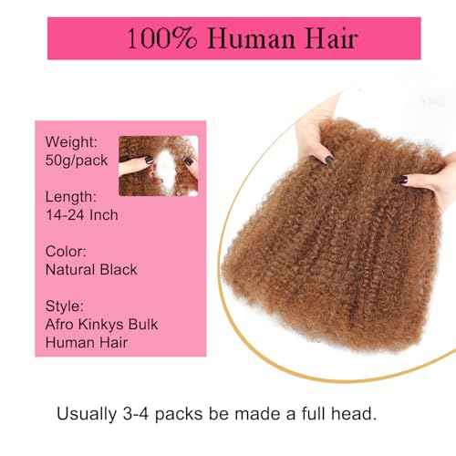 Afro Kinkys Bulk Human Hair -100% Real Human Hair for Mini Twist, Braiding, Loc Extensions & Crochet, 20 Inch 50g 4c Kinky Curly Hair Bundles, Honey Brown Afro Bulk for Dreadlocks
